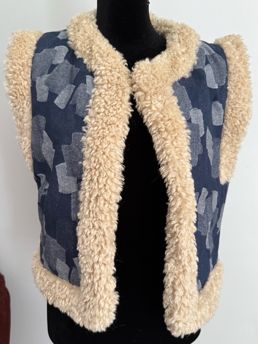 Jason Wu Navy Patchwork Trendy y2k Vest with Cream Faux Shearling Trim